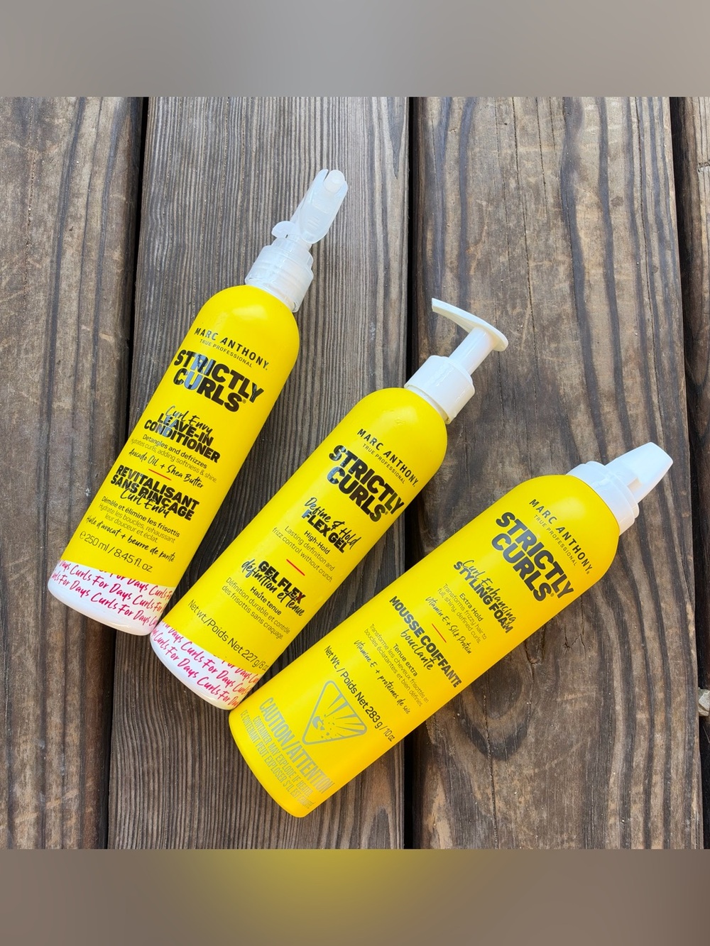 Marc Anthony Strictly Curls: leave in conditioner, flex gel, & styling foam